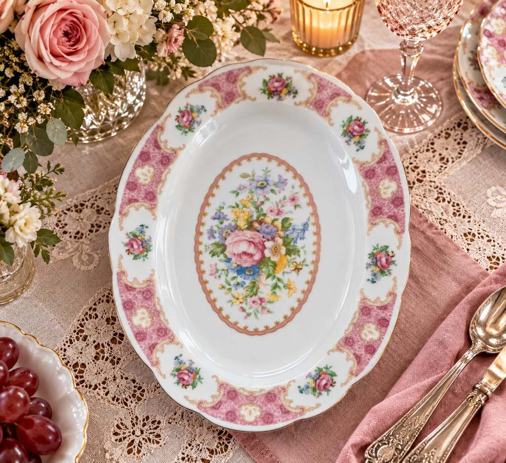 Vtg Jingdezhen Pink Chintz Rose Porcelain Oval Serving Platter 12" Pagoda Mark